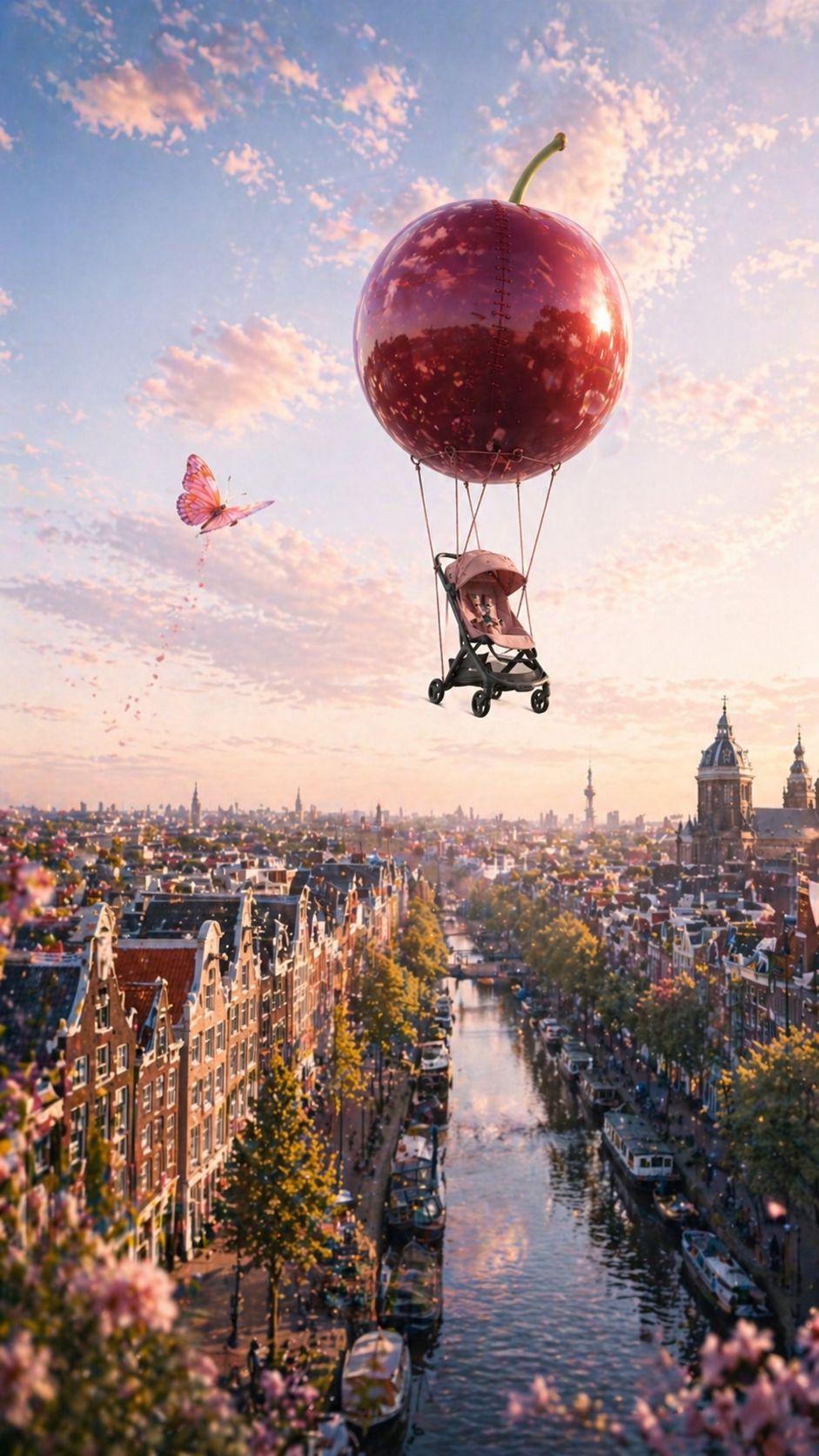 Cherry balloon over Amsterdam, wide