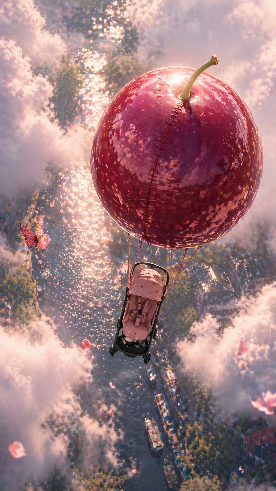 Cherry balloon through clouds
